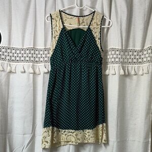 Poema Forest Green Polka Dot Mini Dress with Cream Lace